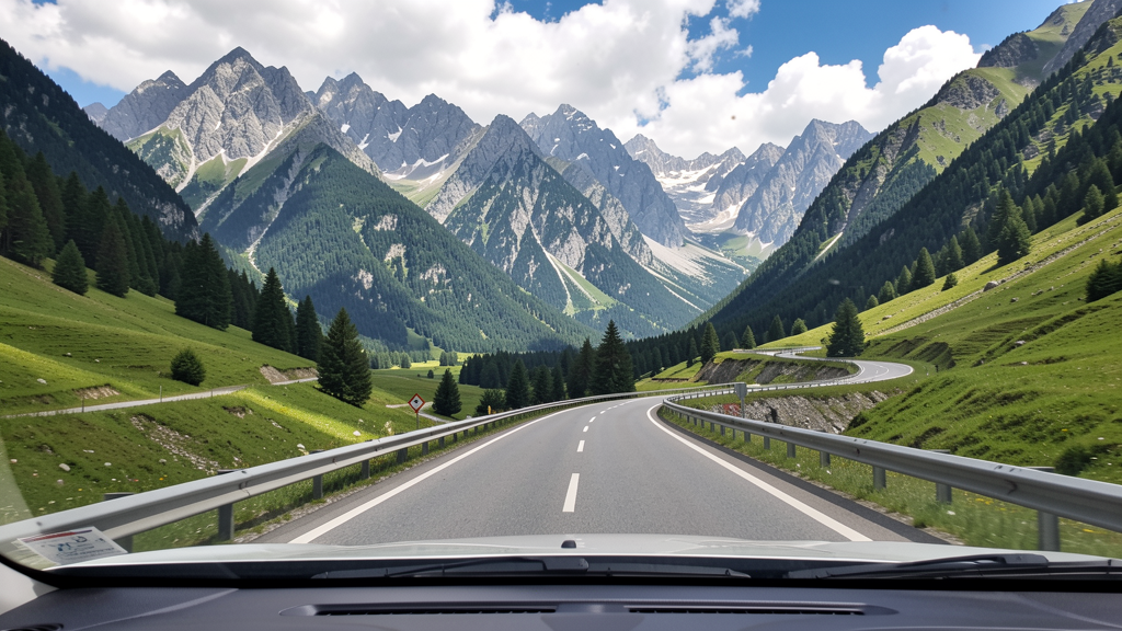 Driving on a Romanian mountain highway with scenic Carpathian backdrop